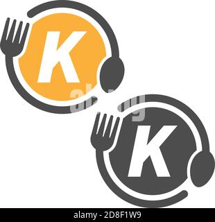 Fork and spoon icon circling letter K logo design concept Stock Vector