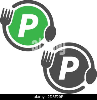 Fork and spoon icon circling letter P logo design concept Stock Vector