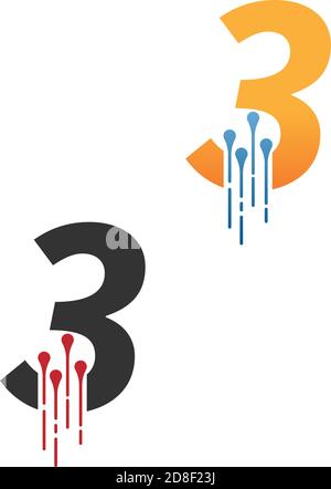 Number 3  simple  tech logo with circuit lines style icon template Stock Vector