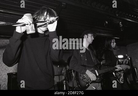 Andrew Sherriff, Simon Rowe and Russell Barrett of British shoegazing/alternative rock group Chapterhouse, on stage at Esquires, Bedford, UK, 30/11/90. Stock Photo