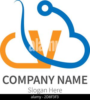 Letter V combined with cloud technology icon logo illustration Stock Vector