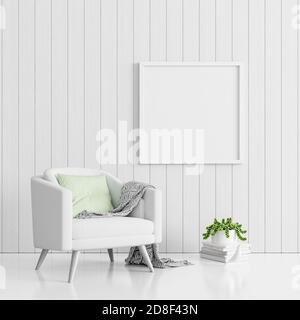 Mock up poster on white wall. White Living room interior design with armchair and decorative plant in vase 3d render 3d illustration Stock Photo