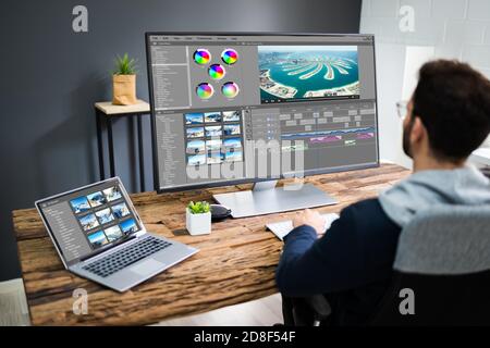 Video Editor Using Edit Software For Editing Stock Photo