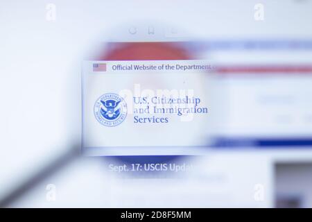 New York, USA - 29 September 2020: uscis.gov US Citizenship and Immigration Services company website with logo close up, Illustrative Editorial Stock Photo