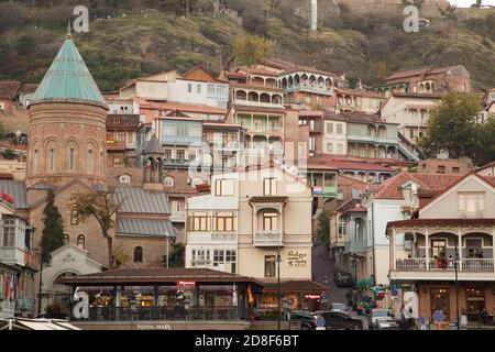 View of central, historic old town Tbilisi, including the Saint George Armenian Cathedral of Tbilisi, Georgia, Caucasus, Europe. Stock Photo