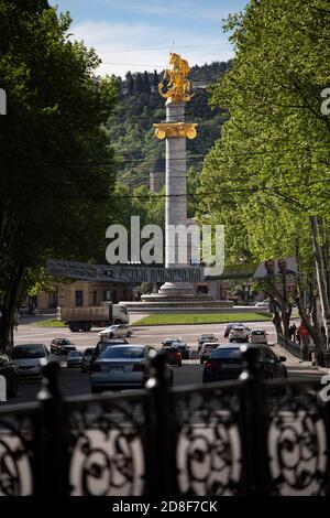 A statue of the country's namesake hero, Saint George, stands in Liberty Square (Freedom Square) in Tbilisi, Georgia, Caucasus, Eastern Europe. Stock Photo