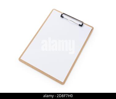 A wooden clipboard with white paper on a white background Stock Photo