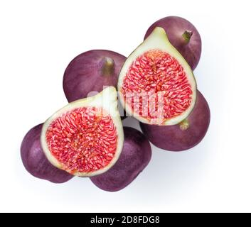 Fresh figs. Whole and sliced figs  isolated on white background, top view. Food photo Stock Photo