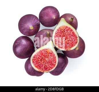 Fresh figs. Whole and sliced figs  isolated on white background, top view Stock Photo