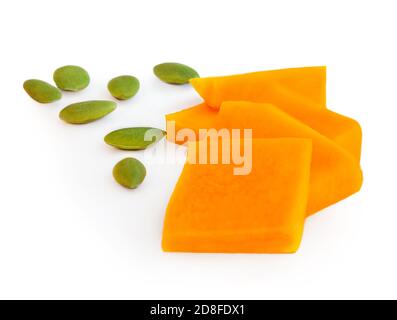 Sliced pumpkin pieces with seeds isolated on white background Stock Photo