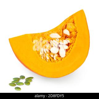 Orange Pumpkin  isolated on white background. Decorative pumpkin cut in a half and sliced close up Stock Photo
