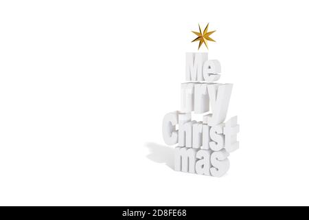 Merry Christmas text in three dimensions in white color isolated on white background. 3d illustration. Stock Photo