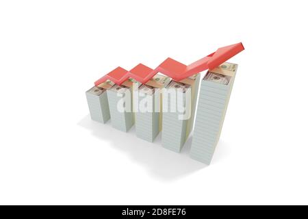 Growth bar chart with stacks of 100 dollar bills in three dimensions. 3D illustration. Stock Photo