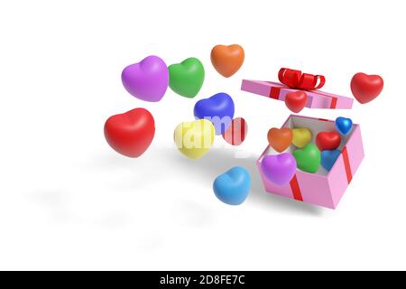 Colorful hearts coming out of a pink gift box with red bow isolated on a white background. 3d illustration. Stock Photo