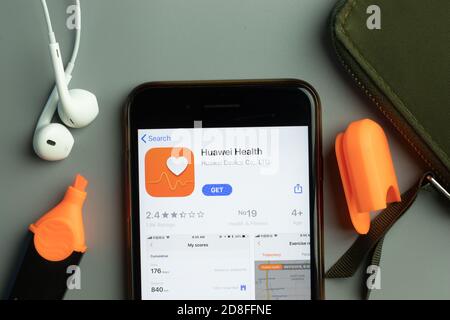 New York, USA - 26 October 2020: Huawei Health mobile app icon logo on phone screen close-up, Illustrative Editorial Stock Photo