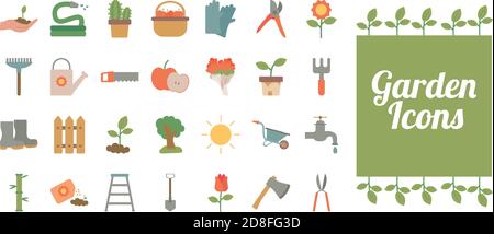 lettering with bundle of gardening tools flat style icons vector illustration design Stock Vector