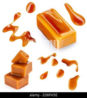 Sweet caramel set with melted sauce and caramel candies isolated on white background. Top view. Flat lay Stock Photo