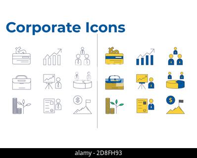 Corporate Icon Set with credit card, growth, meeting, brief case, presentation, pie chart, investment, resume, financial goal icons Stock Vector