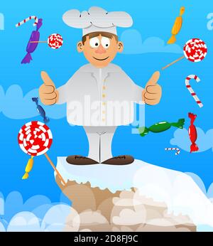 Fat male cartoon chef in uniform making thumbs up sign with two hands. Vector illustration. Stock Vector