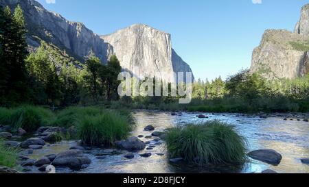 an afternoon shot of el capitan, bridal veil falls and merced river, from valley view, at yosemite national park in california Stock Photo