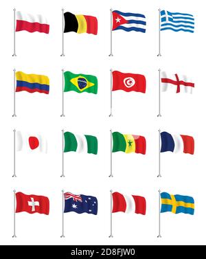 Flags Icons Set. Colombia, Brazil, Poland, Belgium, Cuba, Greece, Tunisia, England, Japan, Nigeria, Senegal, France, Switzerland, Australia, Peru. Stock Vector