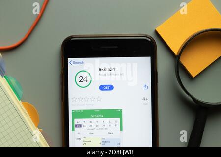 New York, USA - 26 October 2020: Skola24 mobile app logo on phone screen close up, Illustrative Editorial Stock Photo