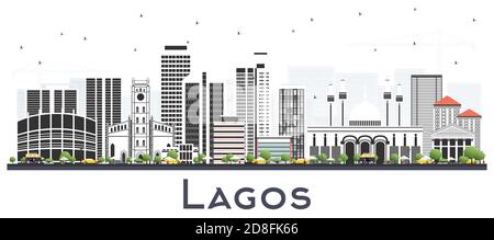 Lagos Nigeria City Skyline with Color Buildings Isolated on White. Vector Illustration. Lagos Cityscape with Landmarks. Business Travel and Tourism Co Stock Vector