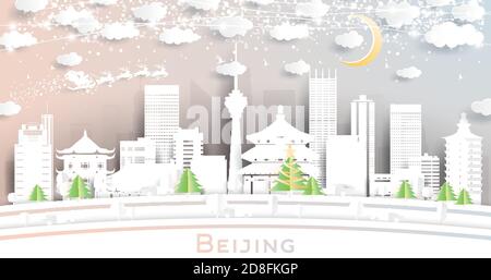 Beijing China City Skyline in Paper Cut Style with Snowflakes, Moon and Neon Garland. Vector Illustration. Christmas and New Year Concept. Santa Claus Stock Vector