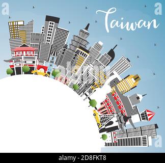 Taiwan City Skyline with Gray Buildings, Blue Sky and Copy Space. Vector Illustration. Tourism Concept with Historic Architecture. Taiwan Stock Vector