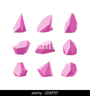 Crystals broken into pieces. Set of smashed pink crystals. Broken gemstones made of amethyst. Vector illustration in cartoon style Stock Vector