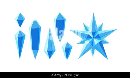Crystal gemstones and star. Set of ice crystal star and separate frozen gems various shapes. Vector illustration in cartoon style Stock Vector