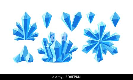 Crystals and blue gemstones. Set of stalagmite, snowflake and ice crystals. Frozen gems of various shapes. Vector illustration in cartoon style Stock Vector