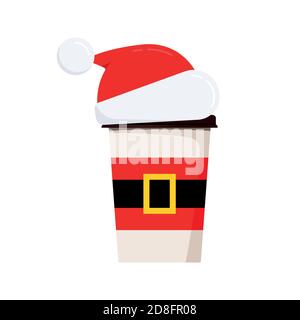 Christmas coffee or tea cup with red santa hat and gold buckle belt isolated white background. Stock Vector