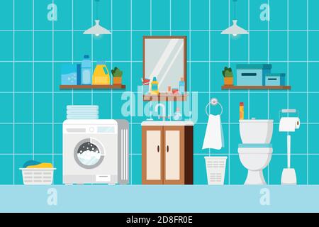 Bathroom interior with furniture, cosmetic beauty products, toilet and washing machine scene. Stock Vector