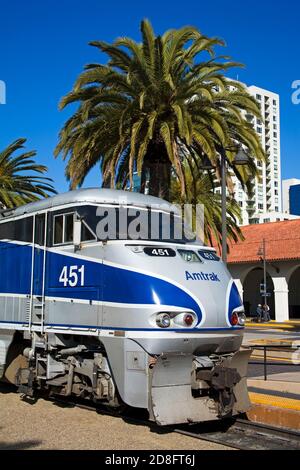 Locomotive at Santa Fe Rail Depot, San Diego, California, USA Stock Photo