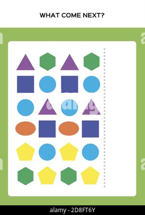 Shapes and Colors. What come next educational logic math game. Completing the Pattern Educational Game for Preschool Children. Green. Stock Vector