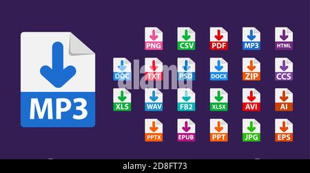 Collection of vector icons. Sign Download MP3 on dark background. File format extensions icons. PDF, TXT, DOC, DOCx, ZIP, PPTx, XLSx, JPG PSD AVI Stock Vector