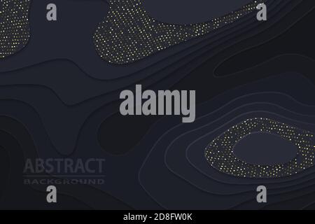 Geometric cut paper black luxury background with gold elements, topography map concept. Stock Vector