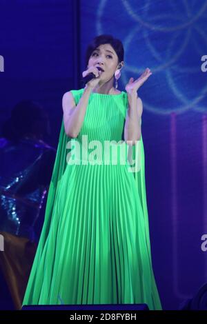 Taiwanese singer and actress Tarcy Su performs in her concert 'Flowers in Life' in Taipei, Taiwan, 12 September 2020. Stock Photo