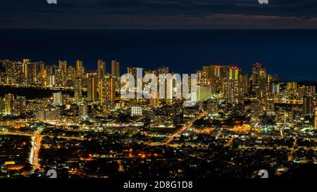 Honolulu City Skyline and Night Lights Stock Photo