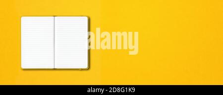 Yellow open lined notebook mockup isolated on colorful background. Horizontal banner Stock Photo