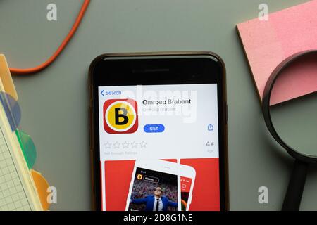 New York, USA - 26 October 2020: Omroep Brabant mobile app logo on phone screen close up, Illustrative Editorial Stock Photo