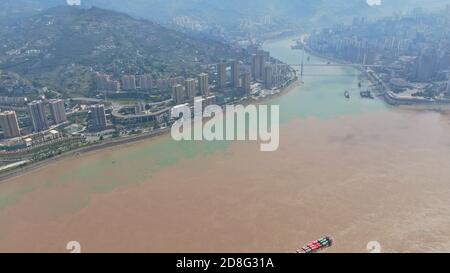 Aerial view of the confluence of Yangtze River and Wujiang River in Chongqing, China, 9 September 2020. Stock Photo