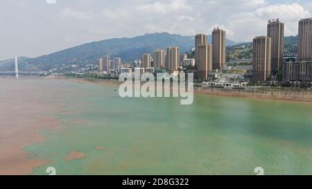 Aerial view of the confluence of Yangtze River and Wujiang River in Chongqing, China, 9 September 2020. Stock Photo