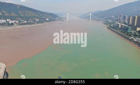 Aerial view of the confluence of Yangtze River and Wujiang River in Chongqing, China, 9 September 2020. Stock Photo