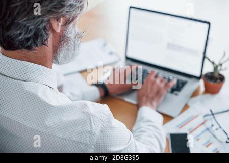 Rear view of mature businessman with grey hair and beard in formal clothes working by laptop in the office Stock Photo