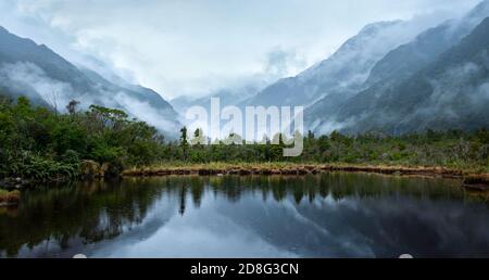Franz Josef Glacier valley and mountains reflected in Peters pool in the rain, South Island, New Zealand Stock Photo