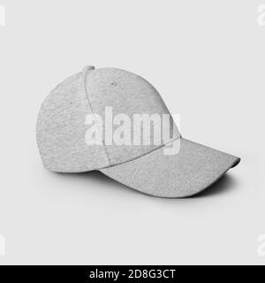 Heather gray cap template, textile headwear for sun protection, side view, for design and pattern presentation, for online store advertising. Mockup t Stock Photo