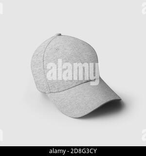 Headgear mockup for sun protection, gray heather cap, isolated on background. Textured hat template with visor, blank panama for design and pattern pr Stock Photo