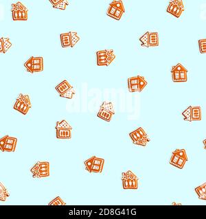 Gingerbread houses on blue background. Seamless Christmas pattern. Brown homemade biscuit with white icing Stock Photo